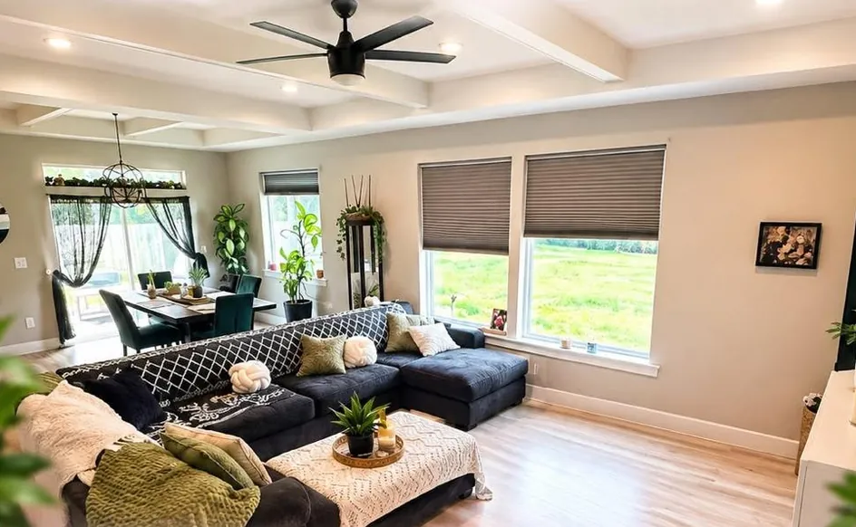 A bright, finished living room with a sectional sofa, wood floors and clear surfaces.